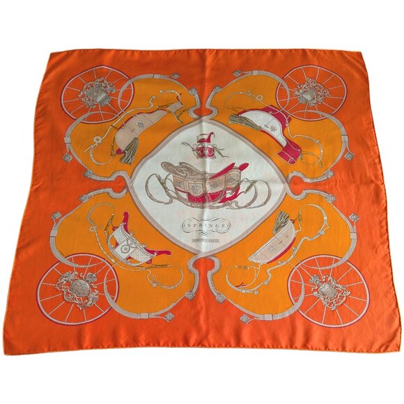 HERMES Springs Ledoux Orange White Red 90 cm Silk Square Scarf Rare Very Good - Picture 1 of 16